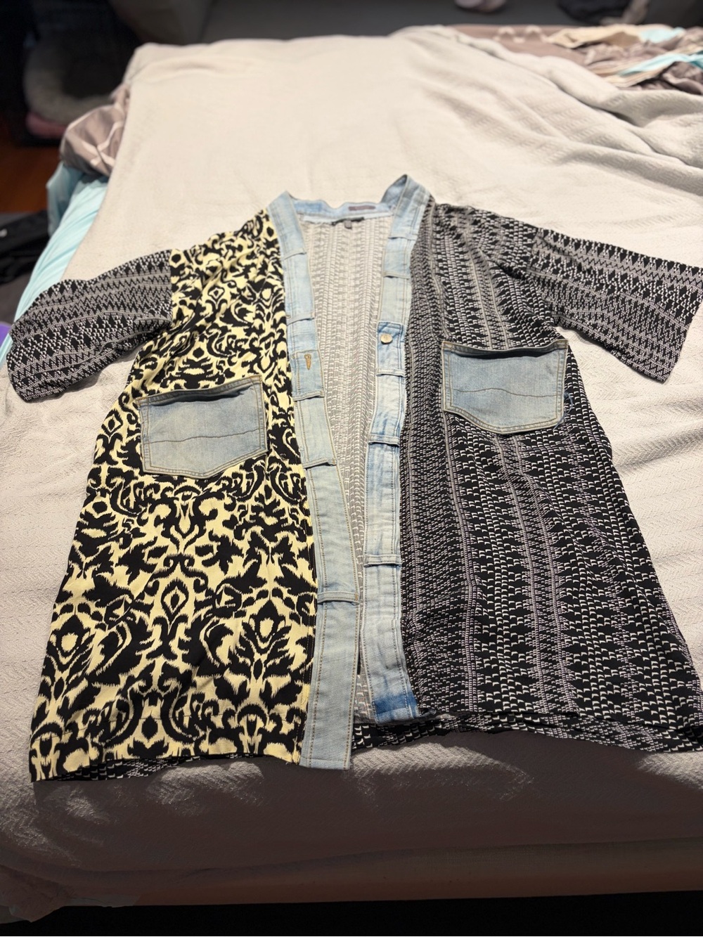 Shannon Passero Mixed-Pattern Open Front Cardigan Kimono with Denim Trim O/S
